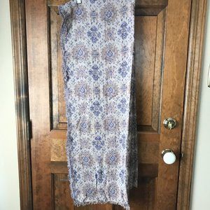 Beige w/Blue & Tan Geometrics Scarf/Wrap w/Fringed Edges 74" x 28"